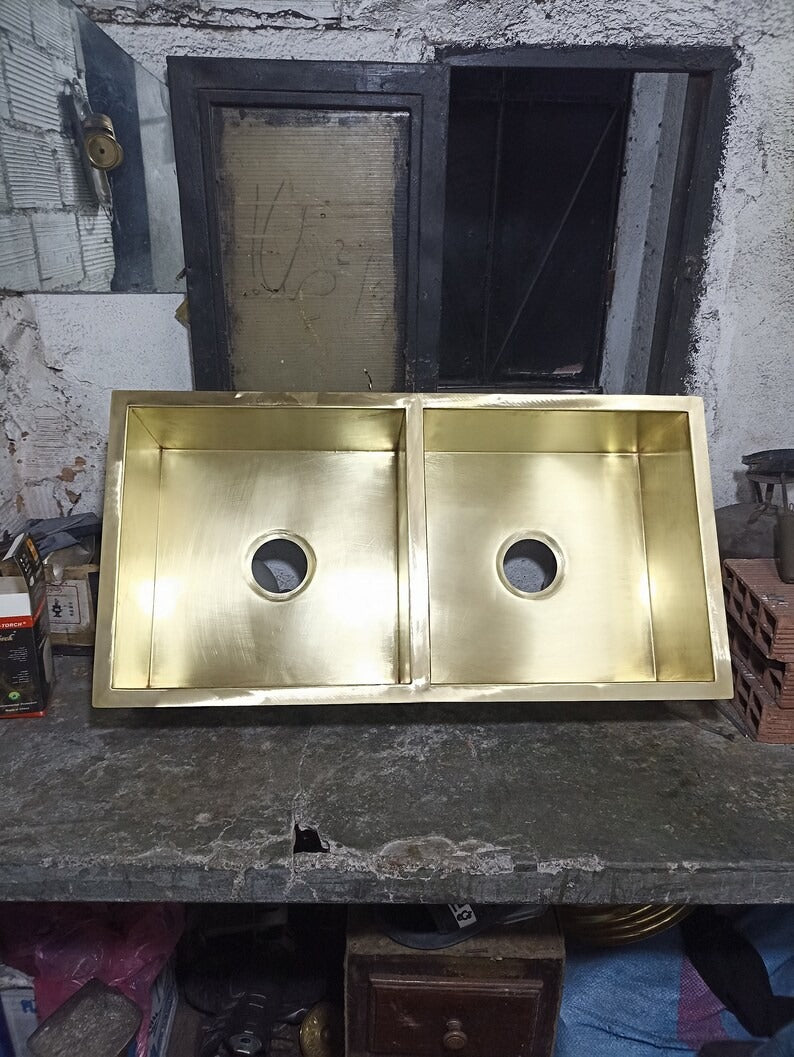 Solid Unlacquered Brass Undermount double Sink, Kitchen Bar Sink, Island Sink, Outdoor Sink, the drain for free