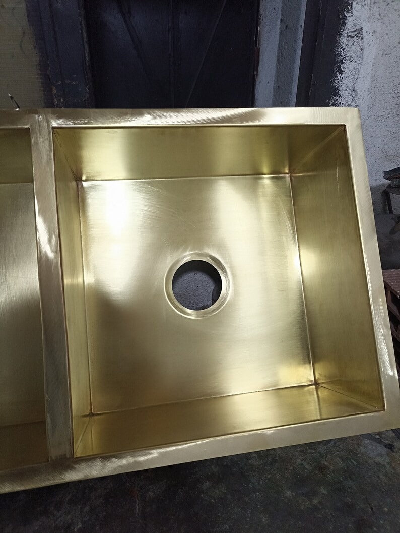 Solid Unlacquered Brass Undermount double Sink, Kitchen Bar Sink, Island Sink, Outdoor Sink, the drain for free