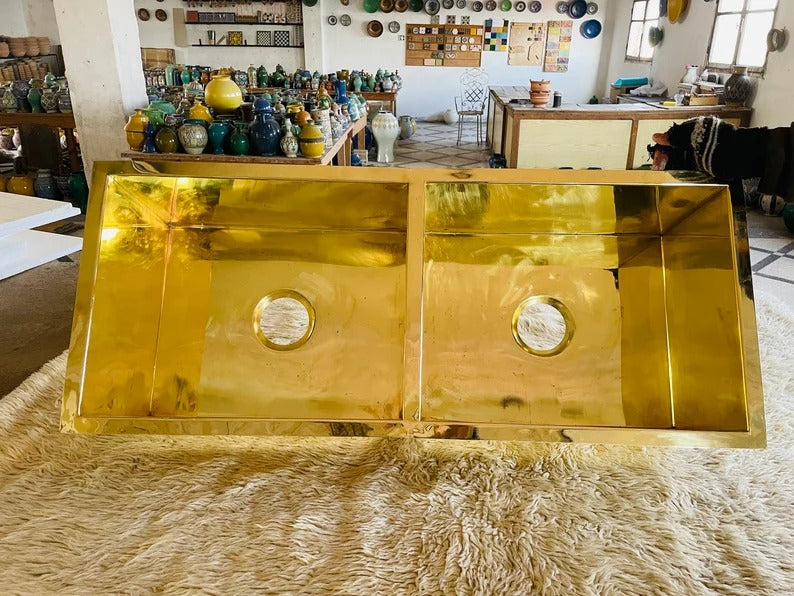 Solid Unlacquered Brass Undermount Smooth double Sink, Kitchen Bar Sink, Island Sink, Outdoor Sink, the drain for free