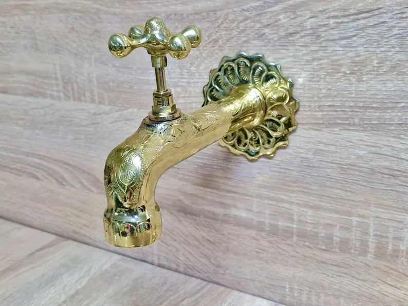 Handmade Moroccan Brass Faucet: Wall-Mounted Copper Tap, Hand-Engraved