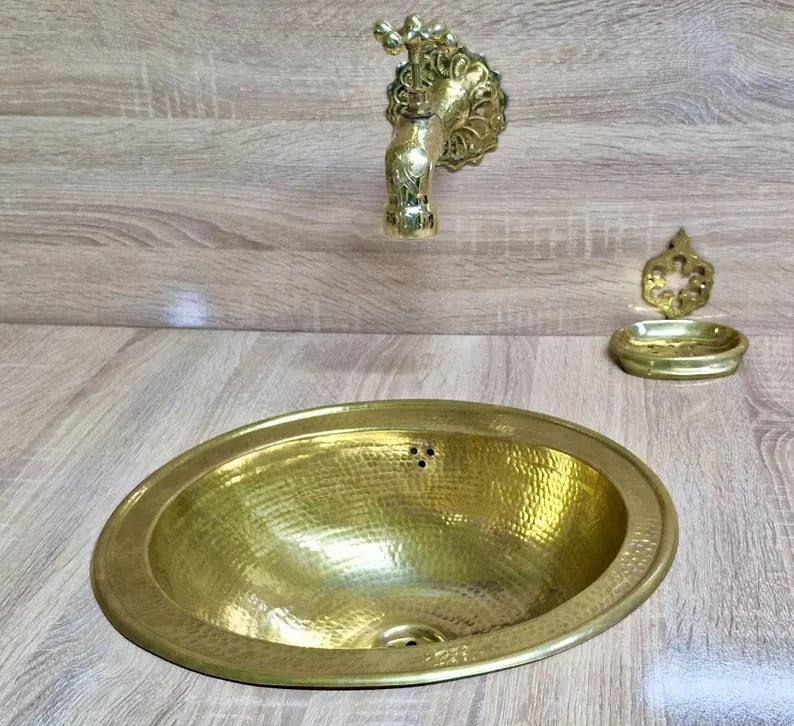 Handmade Moroccan Brass Faucet: Wall-Mounted Copper Tap, Hand-Engraved
