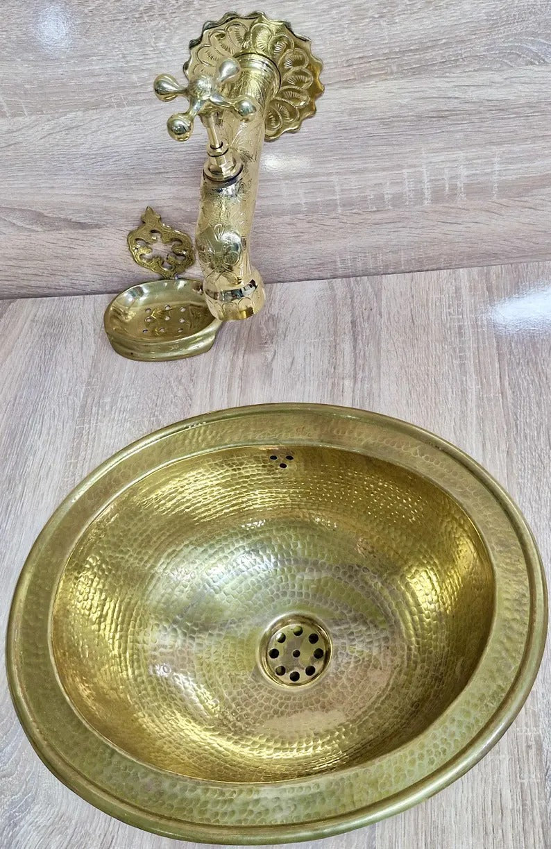 Handmade Moroccan Brass Faucet: Wall-Mounted Copper Tap, Hand-Engraved