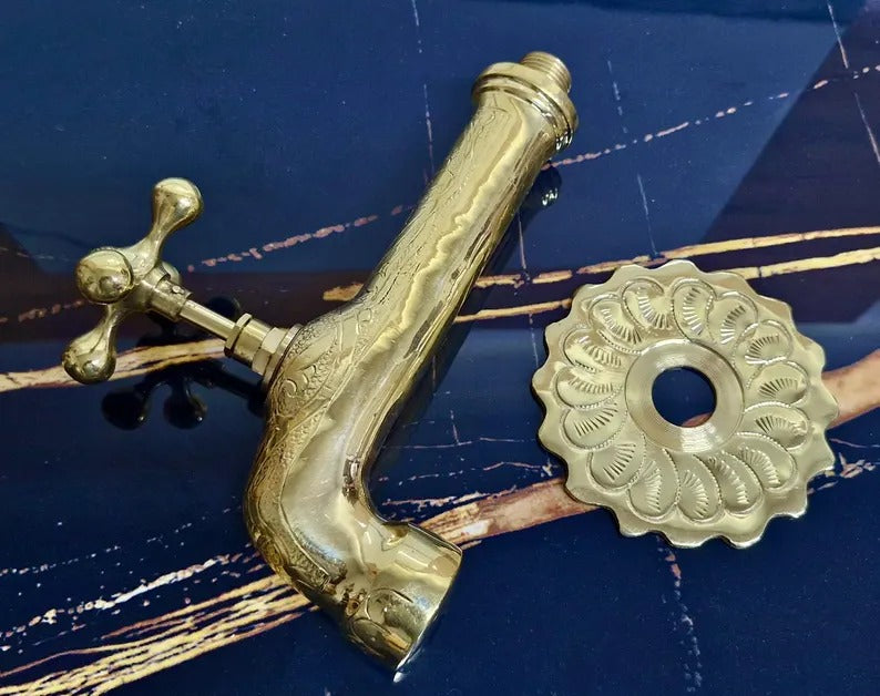 Handmade Moroccan Brass Faucet: Wall-Mounted Copper Tap, Hand-Engraved 20cm Spout