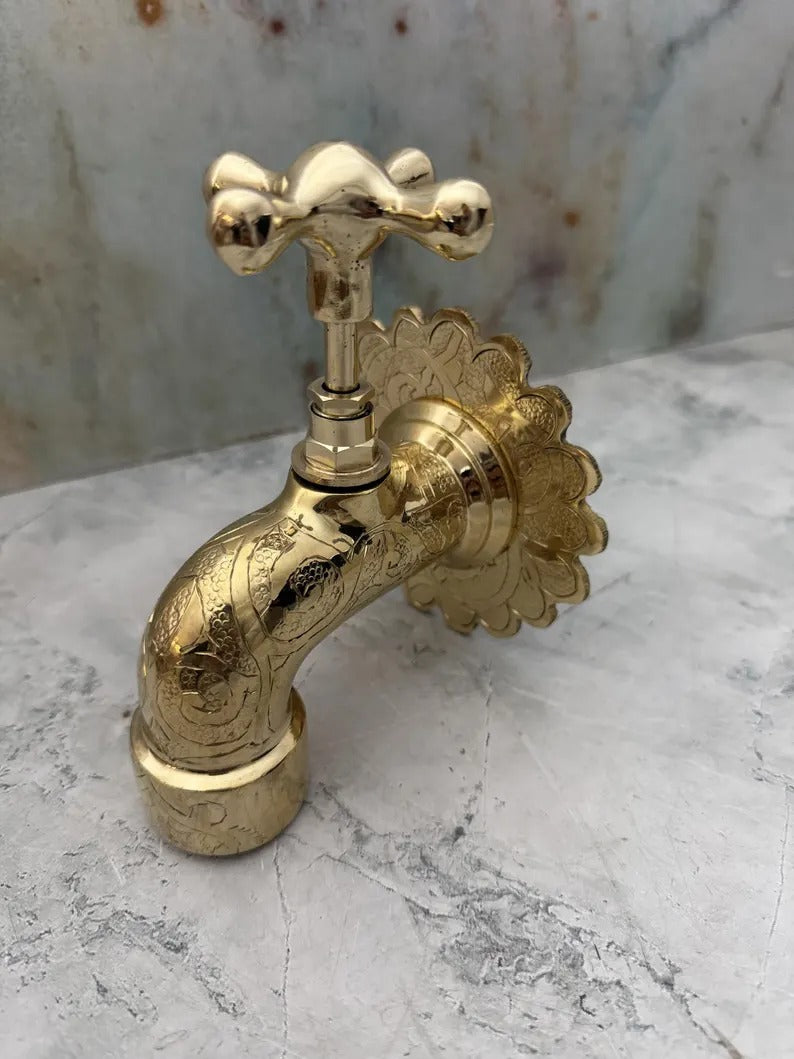Solid Brass Wall Faucet, Brass Water tap, Water Spigot, Antique garden tap, Wall Mounted brass faucet, Garden tap
