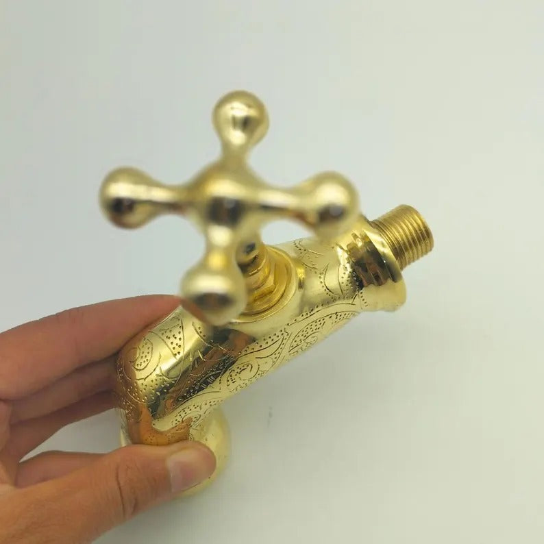 Unlacquered Brass Wall Faucet, Antique garden tap, Engraved Water Spigot,Handmade Moroccan Faucet.