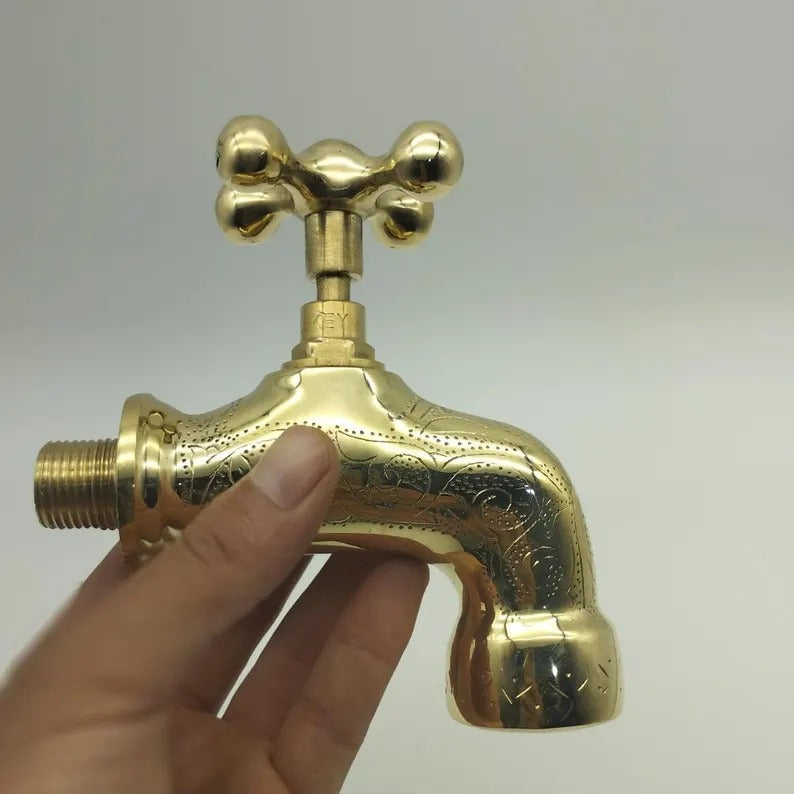 Unlacquered Brass Wall Faucet, Antique garden tap, Engraved Water Spigot,Handmade Moroccan Faucet.