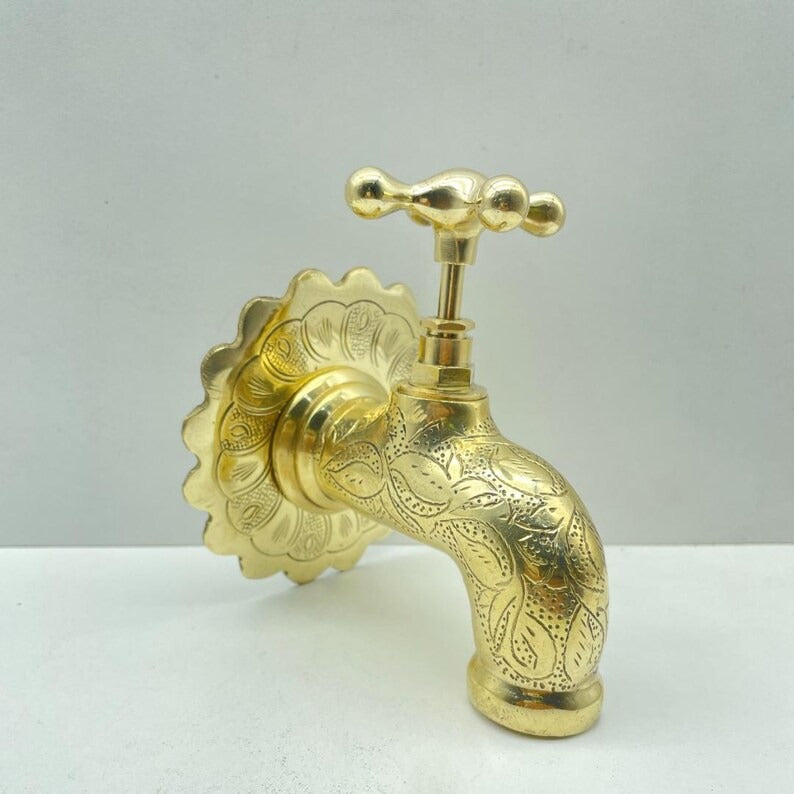 Unlacquered Brass Wall Faucet, Antique garden tap, Engraved Water Spigot,Handmade Moroccan Faucet.