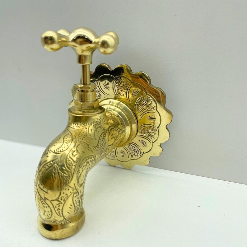 Unlacquered Brass Wall Faucet, Antique garden tap, Engraved Water Spigot,Handmade Moroccan Faucet.