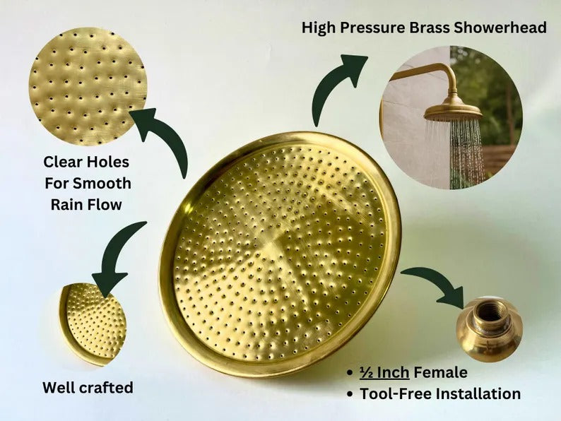 Unlacquered Brass Showerhead, Solid Brass Rainfall Showerhead, Round Outdoor Showerhead, Rustic Garden or Bathroom Fixture