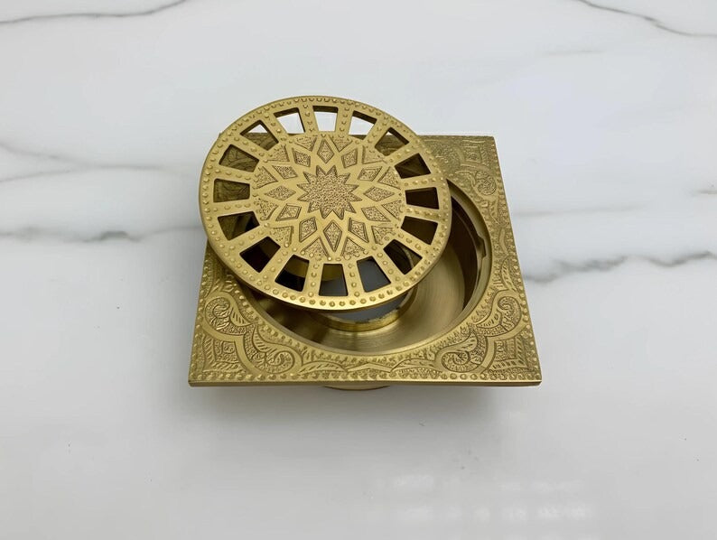 Unlacquered Brass Shower Drain, Engraved Brass Floor Drain, Bathroom Brass Drain Cover