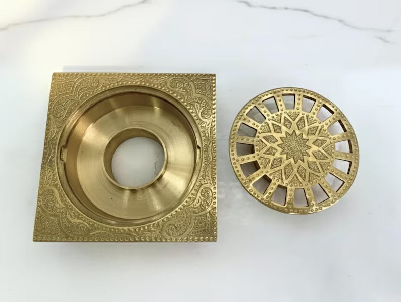Unlacquered Brass Shower Drain, Engraved Brass Floor Drain, Bathroom Brass Drain Cover