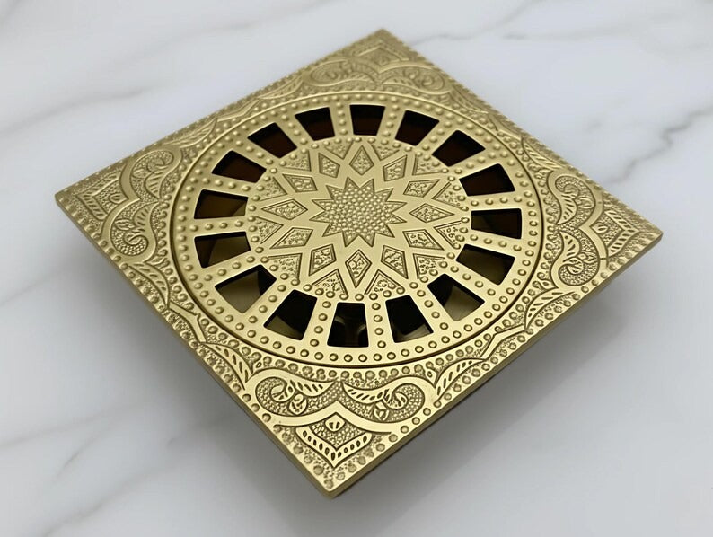 Unlacquered Brass Shower Drain, Engraved Brass Floor Drain, Bathroom Brass Drain Cover