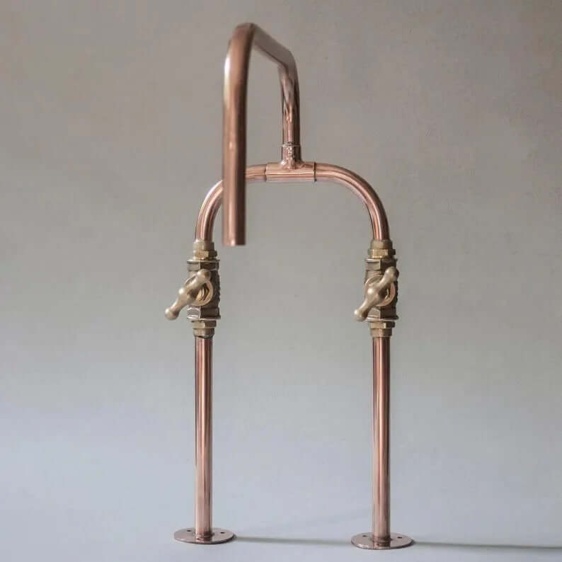 Handmade copper deck mount faucet with solid brass valves, perfect for farmhouse and industrial kitchens.