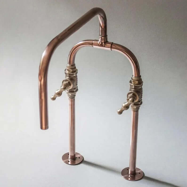 Handmade pure copper deck mount faucet with solid brass valves and dual handles, ideal for farmhouse kitchens.