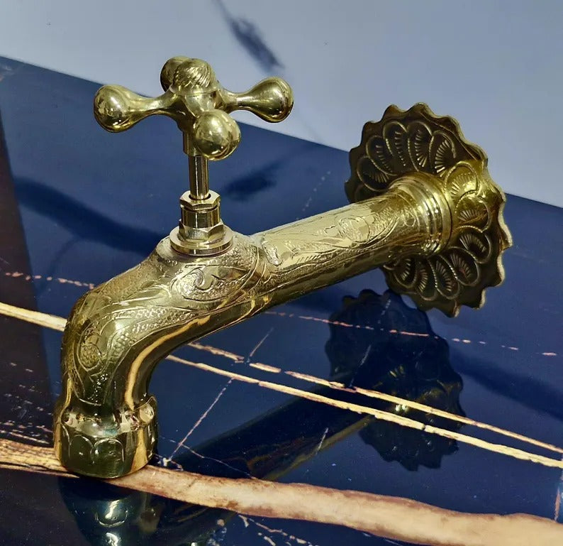 Handmade Moroccan Brass Faucet: Wall-Mounted Copper Tap, Hand-Engraved 20cm Spout