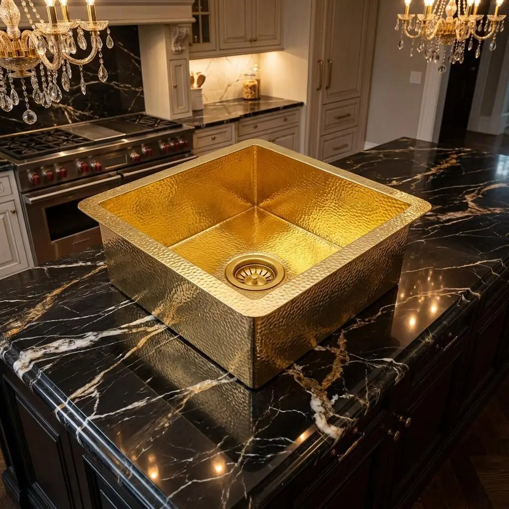Square hammered brass vessel sink mounted above a black marble countertop in a luxury kitchen with a classic crystal chandelier background.
