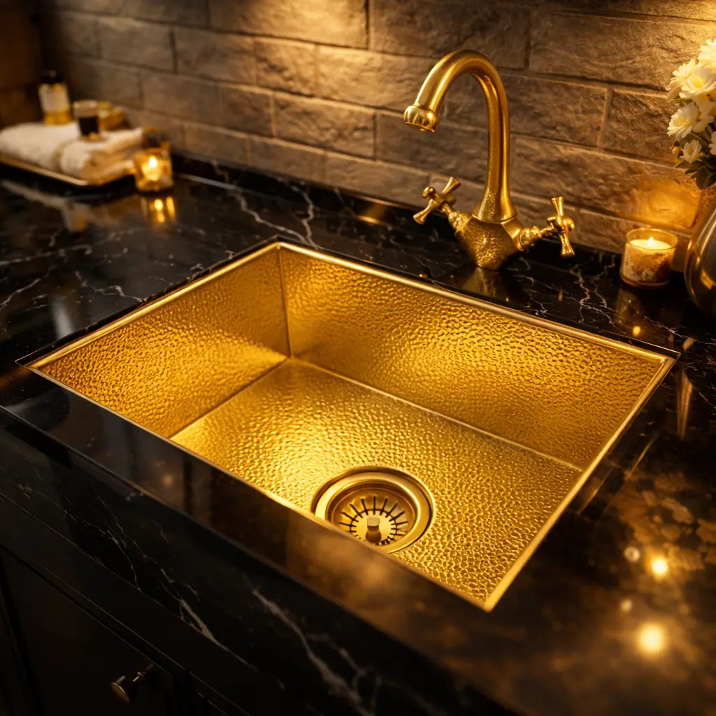 An angled view of a rectangular hammered brass Moroccan sink undermounted in a glossy black marble countertop with a curved gooseneck gold faucet.