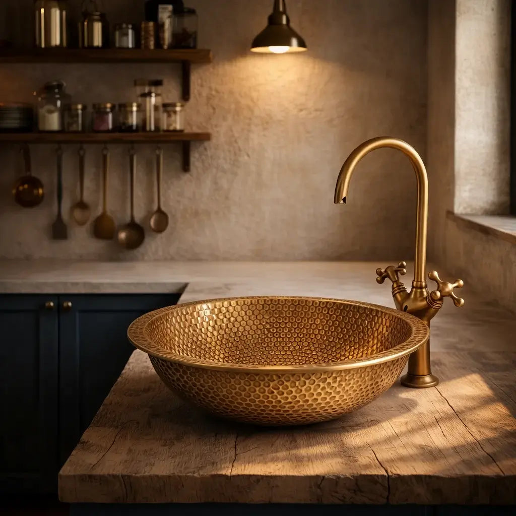 Handcrafted brushed brass bathroom and kitchen vessel sink featuring a hammered texture and high-arc antique brass faucet on an organic wooden counter.