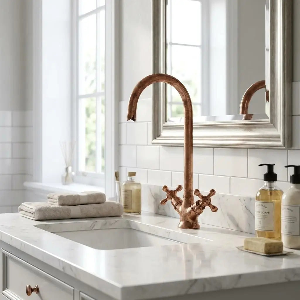 Antique copper gooseneck faucet on a white marble vanity sink with a silver mirror frame and tile wall background.