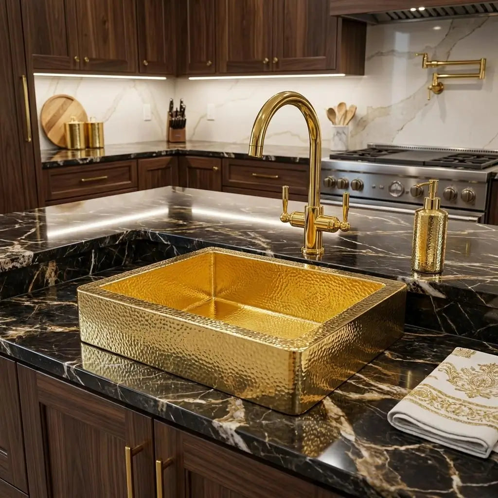 An apron-front hammered brass farmhouse kitchen sink sitting raised on a black marble countertop with a luxury matching gold faucet and soap dispenser.