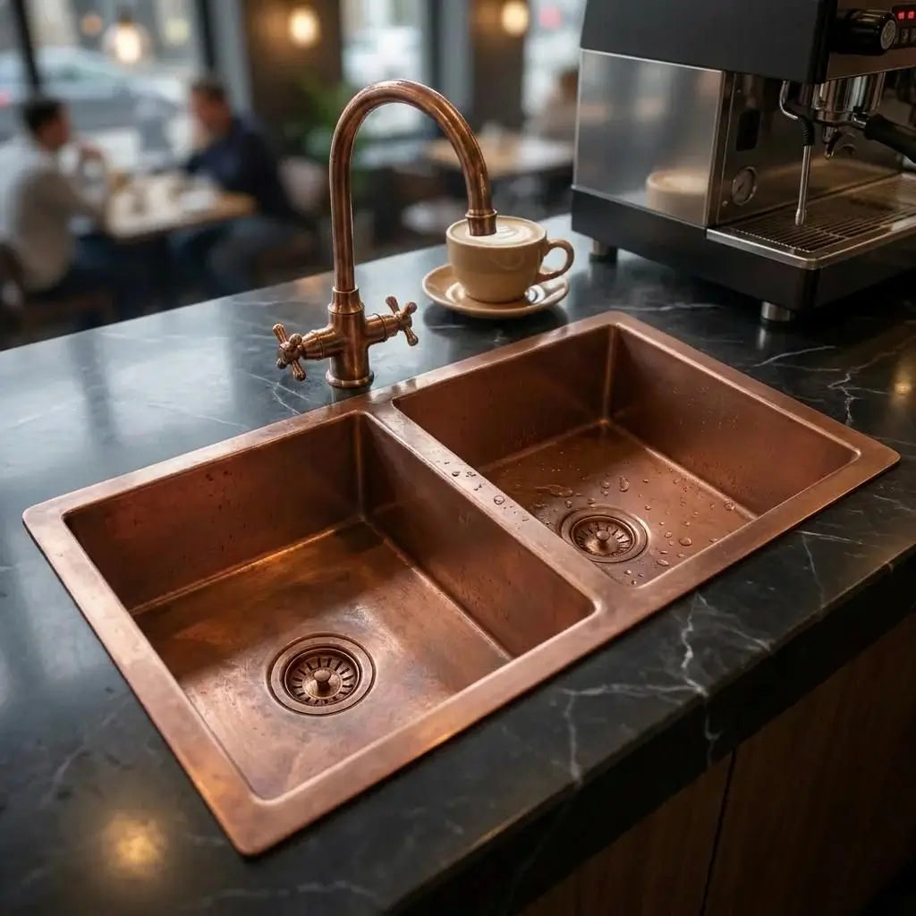 Top view of a square double bowl copper sink built into a black marble cafe counter with a vintage gooseneck faucet next to a coffee cup.