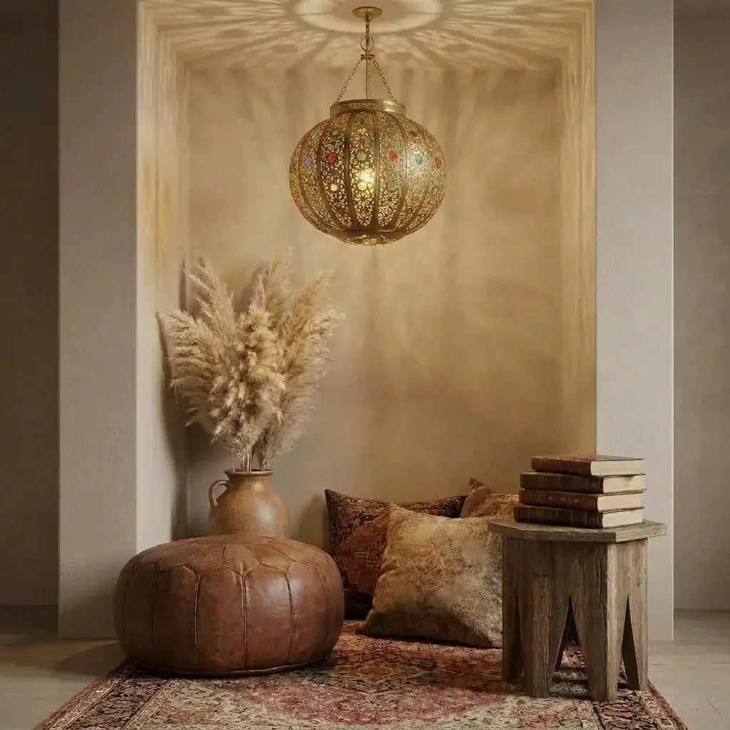 Boho chic Moroccan brass pendant lamp hanging above a cozy floor seating corner decorated with pillows, a leather pouf, and dried pampas grass.