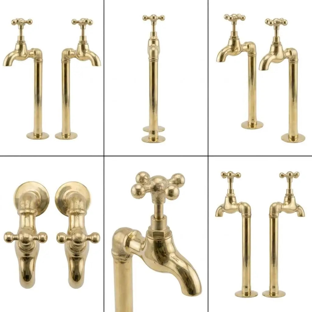 Multi-angle product image collage showing details of the brass and chrome water filter faucets, displaying cross handles, side profiles, and top views on a white background.