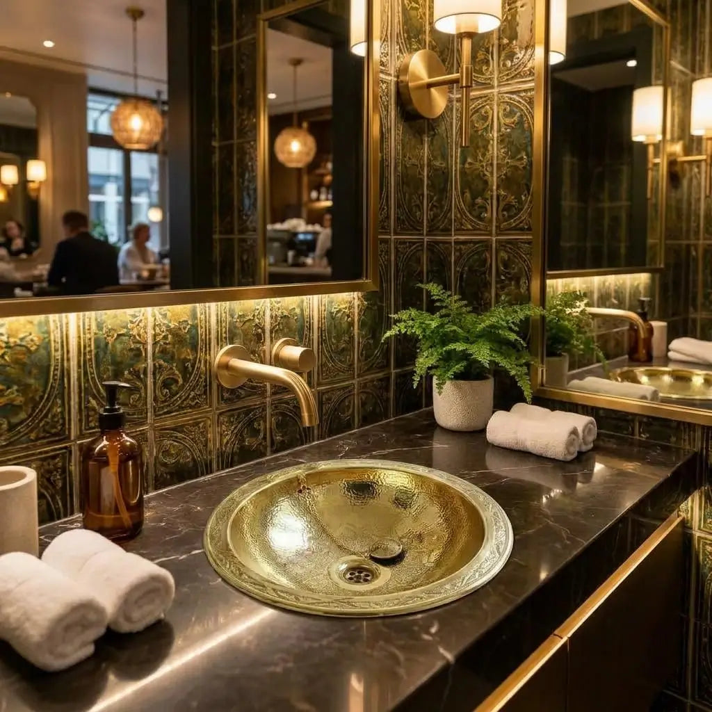 Round hand-hammered brass drop-in vessel sink with engraved wide lip and wall-mounted mixer faucet set on a polished dark marble vanity countertop
