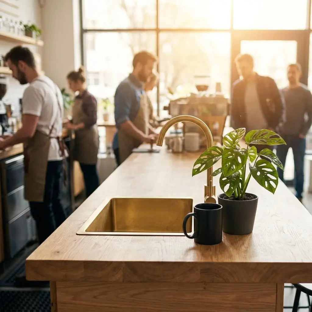 Brass kitchen sink and arched faucet installed on a wooden bar island with baristas working in a modern coffee shop environment