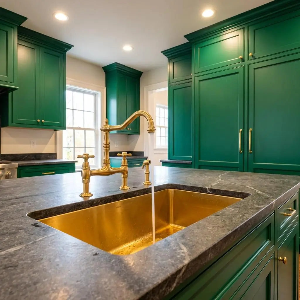 Brass kitchen sink and bridge faucet with running water on a dark marble island surrounded by emerald green custom cabinets