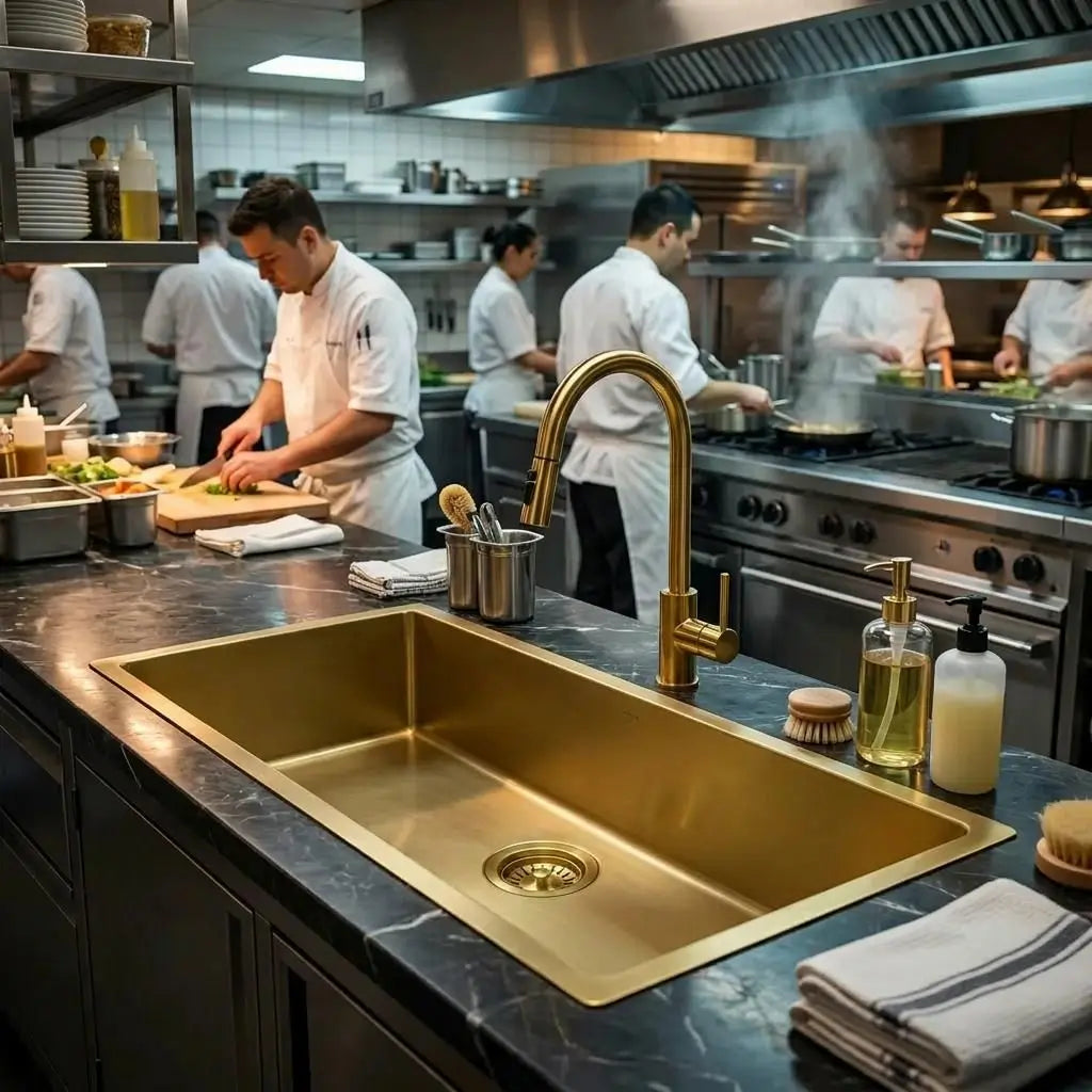Brass kitchen sink and gold faucet on dark marble island with soap dispensers and folded towels near chefs cooking in a restaurant kitchen