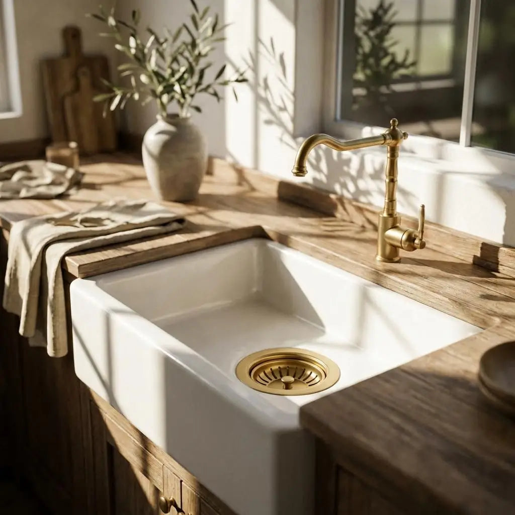 Unlacquered brass sink strainer installed in a white farmhouse apron sink with a matching rustic brass faucet and wooden countertop.