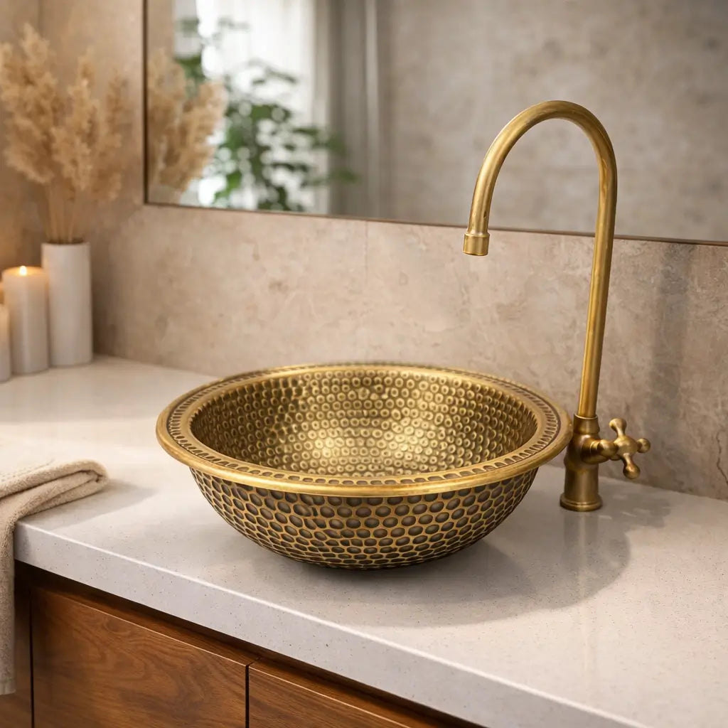Round hand hammered brass vanity bowl on a white quartz top with a warm wood cabinet and a mirror.