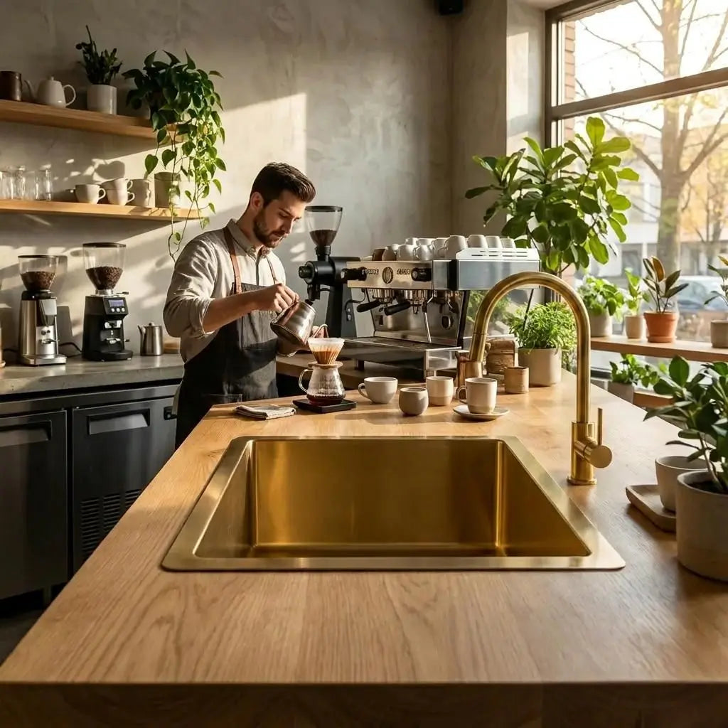 Front view of a brass kitchen sink and elegant gold faucet set into a light wooden counter with a barista pouring drip coffee in a sunny modern cafe