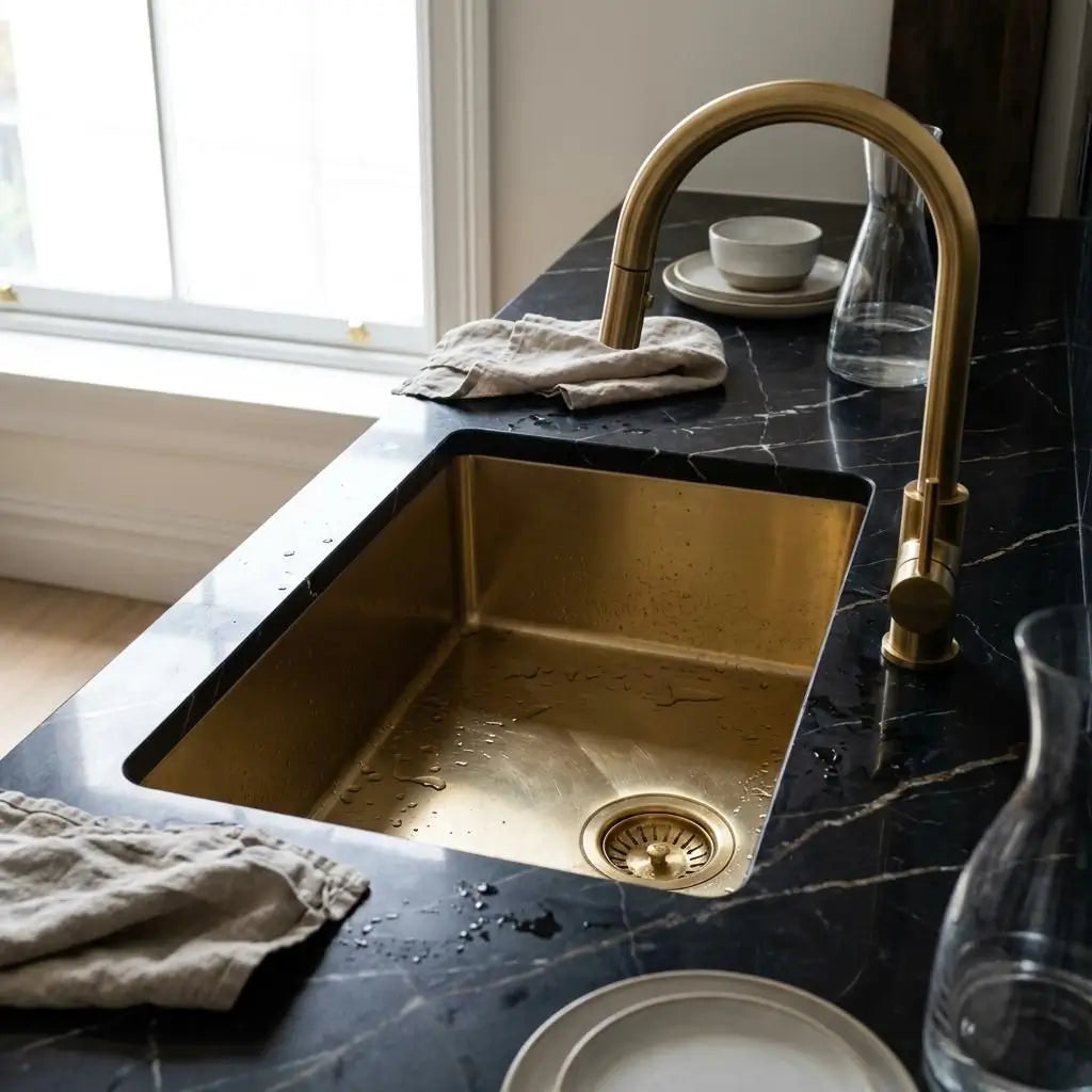 Close up of a brass undermount kitchen sink and gold faucet on dark veined marble countertop with glass carafes and plates