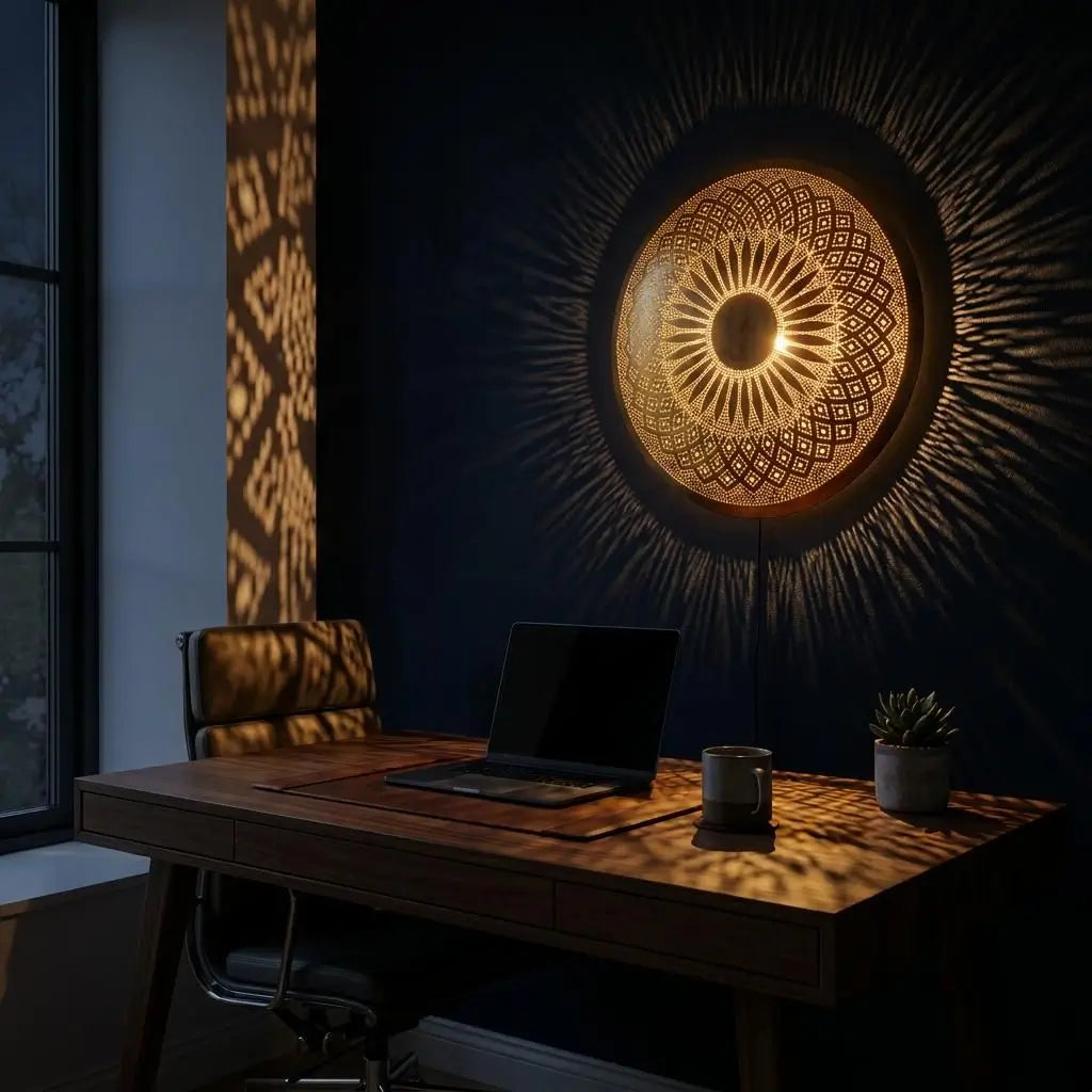 Handmade Moroccan brass wall sconce casting warm radial shadows on a blue wall in a home office setup.