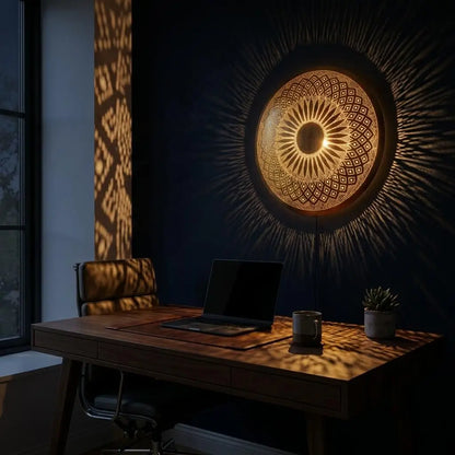 Handmade Moroccan brass wall sconce casting warm radial shadows on a blue wall in a home office setup.