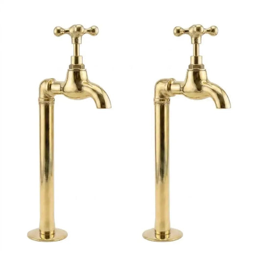 Studio shot of two elegant brass water filter faucets with classic cross handles, isolated on a clean white background for high-quality product display.