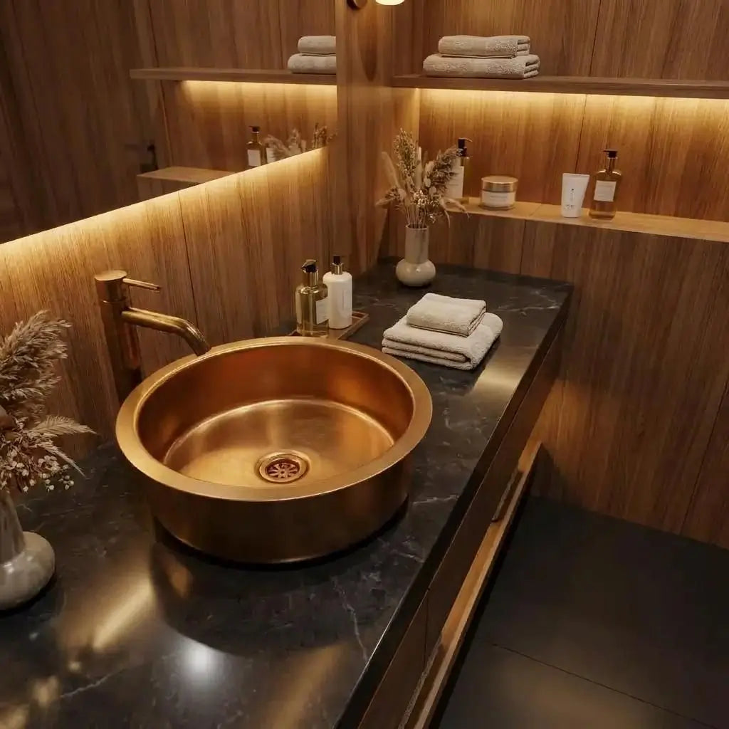 Top view of a handcrafted brushed brass round basin with a matching faucet, styled on a dark marble countertop with towels and decorative dried flowers in a warm wooden bathroom.
