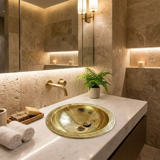 Round hammered brass vessel sink on a thick white floating vanity countertop with a wall-mounted faucet and travertine stone tile walls.