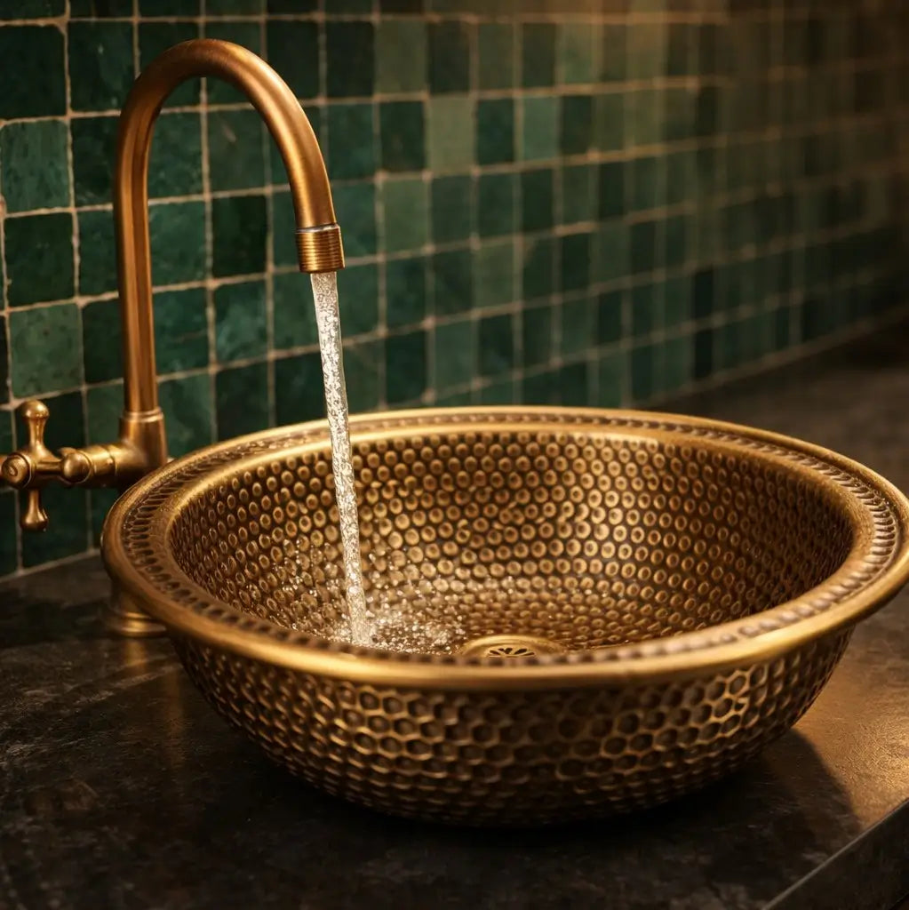 Vintage brass tap on the left side flowing into a premium brushed brass vanity bowl with emerald tiles.