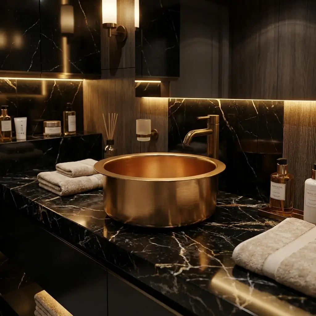 Handcrafted brushed brass vessel basin with a matching gold faucet on a dark black marble countertop with toiletries and folded towels in a luxury hotel bathroom.