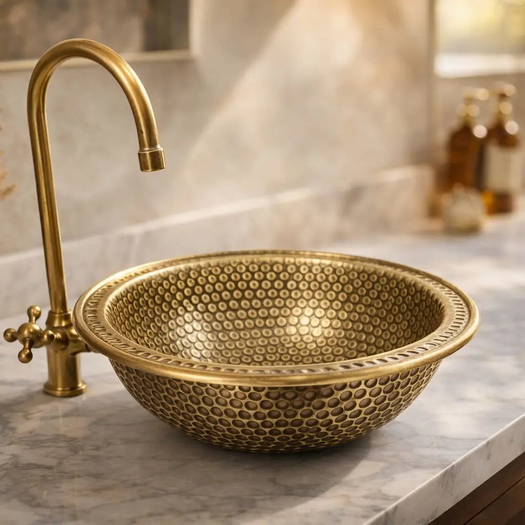 Brushed brass vessel basin with a left-side faucet mounted on an elegant white marble vanity top.