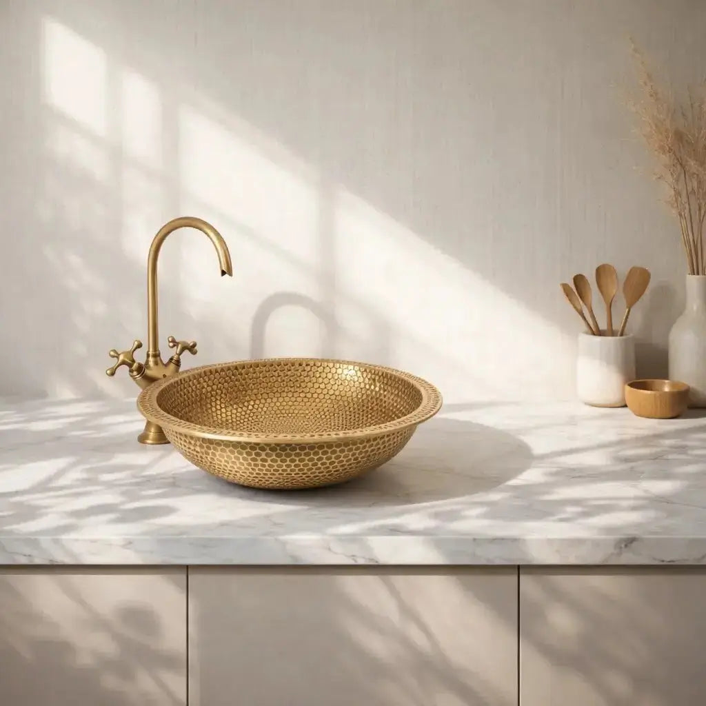 Custom made hammered brushed brass vessel sink and matching gold-toned gooseneck faucet, installed on a seamless white quartz vanity top in a bright modern bathroom.