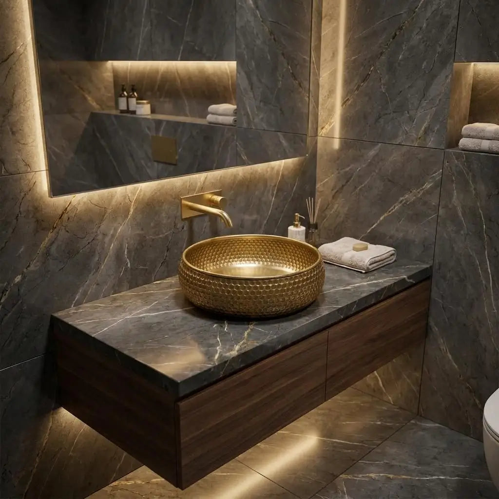 Brushed copper bathroom sink handmade 14x6 inch honeycomb texture vessel basin installed on a dark marble countertop in a luxury vanity setup.