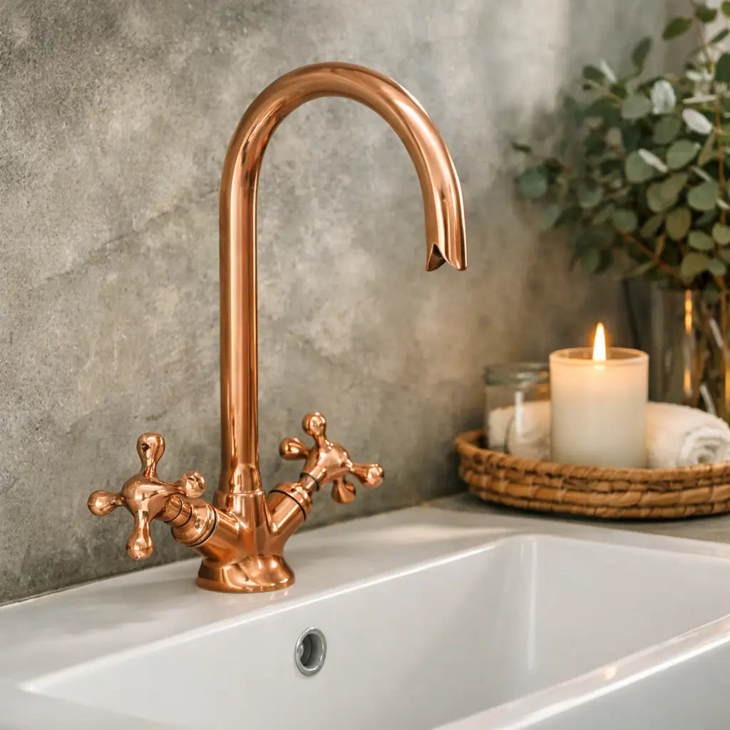 Brushed copper gooseneck bathroom faucet with cross handles on a white ceramic sink, featuring a burning candle nearby.