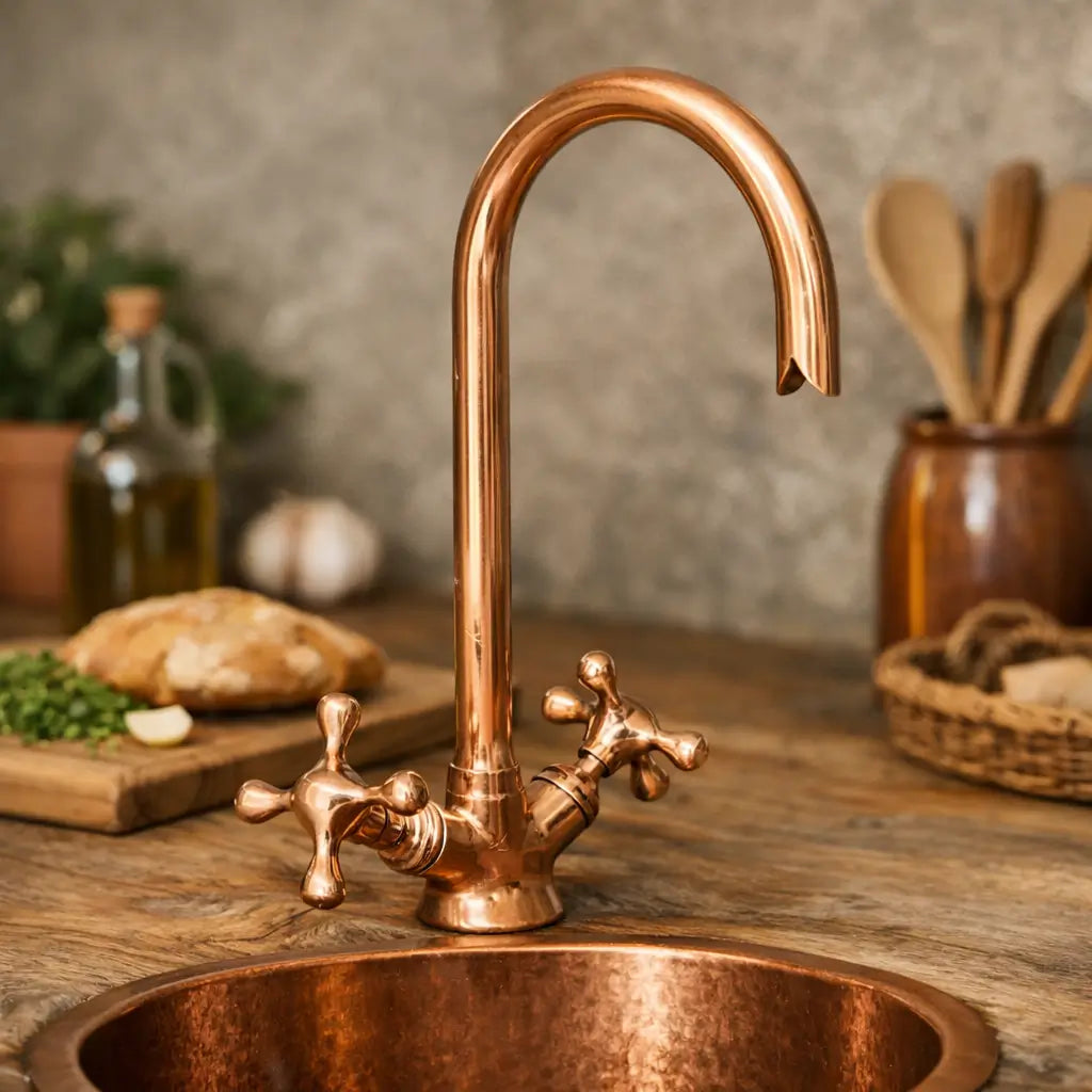 Close-up of a brushed copper gooseneck faucet with cross handles installed on a round copper kitchen basin.