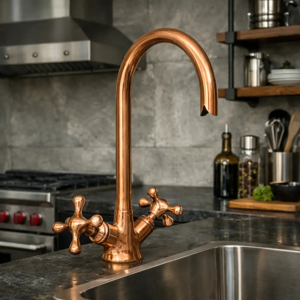 Brushed copper gooseneck kitchen faucet with cross handles next to a stainless steel under-mount sink against a gray backsplash.