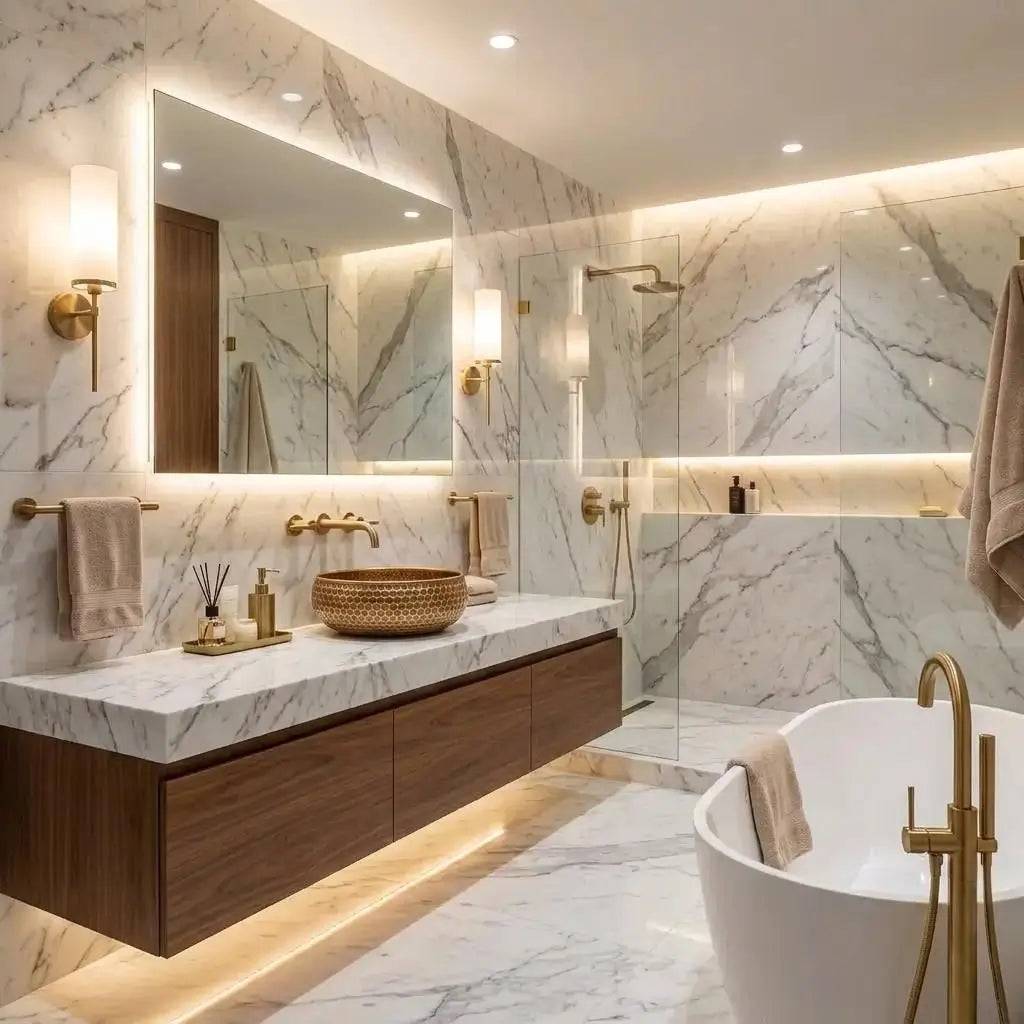 Mid-century modern brushed copper sink with honeycomb texture integrated into a luxury bathroom suite featuring bookmatched white marble walls, a freestanding tub, and a large backlit LED mirror.