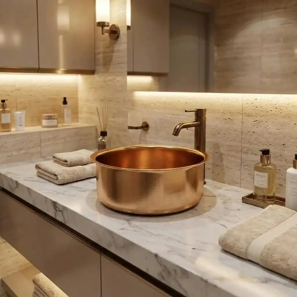 Brushed gold round vessel sink with a contemporary gold faucet on a white veined marble countertop in a luxury spa bathroom